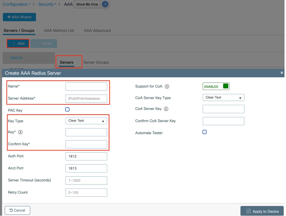 Configurazione server Radius