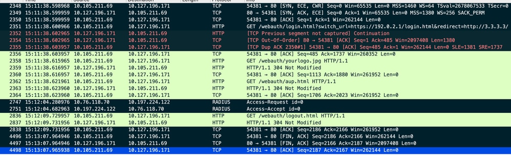 クライアントがポータルページにHTTP GET要求を送信し、認証を正常に完了します