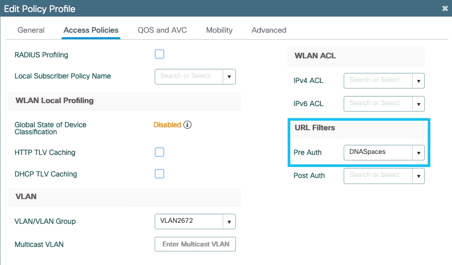 Edit Policy Profile - URL Filter