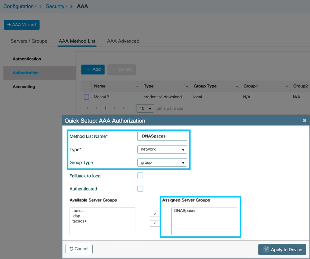 Configuración del Método de Autorización AAA