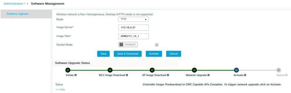 Barre de progression de mise à niveau EWC Web UI