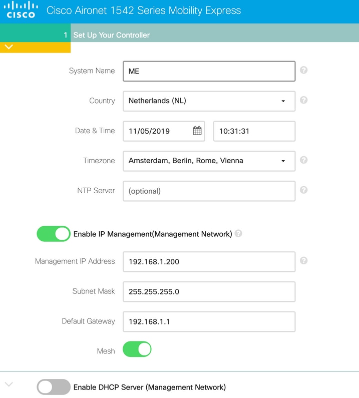 Mobility Express initial wizard page 1