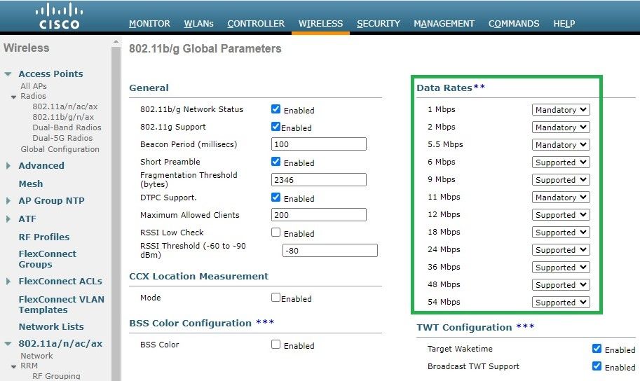 Taxas de dados padrão no rádio de 2,4 GHz