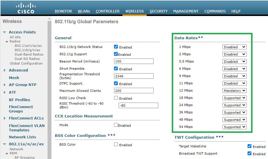 Velocidades de transmisión de datos recomendadas en radio 802.11b