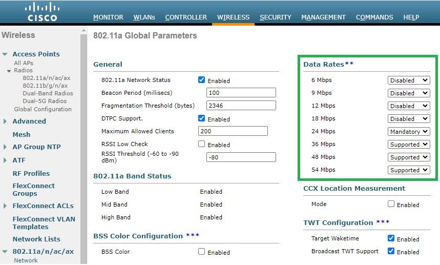 Velocità dati consigliate su radio 802.11 a