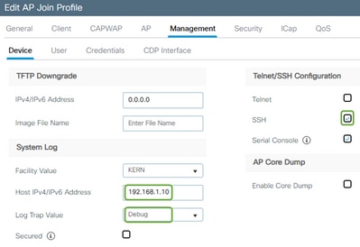 Interface utilisateur graphique du 9800 - Modifier le profil de jointure AP - Mettre à jour les paramètres Syslog