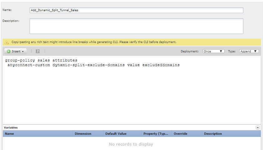 FlexConfig object to add dynamic split tunneling to the Sales group policy.