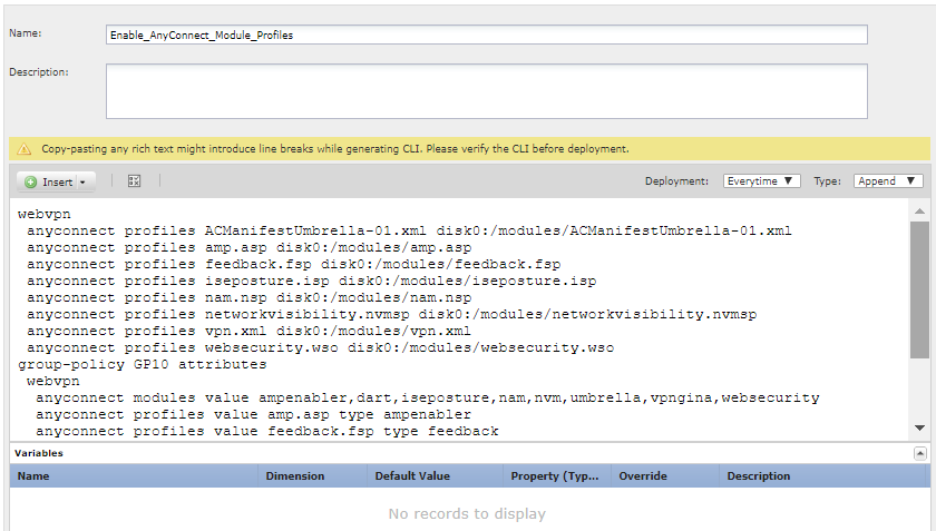 FlexConfig object for AnyConnect module and profile configuration.