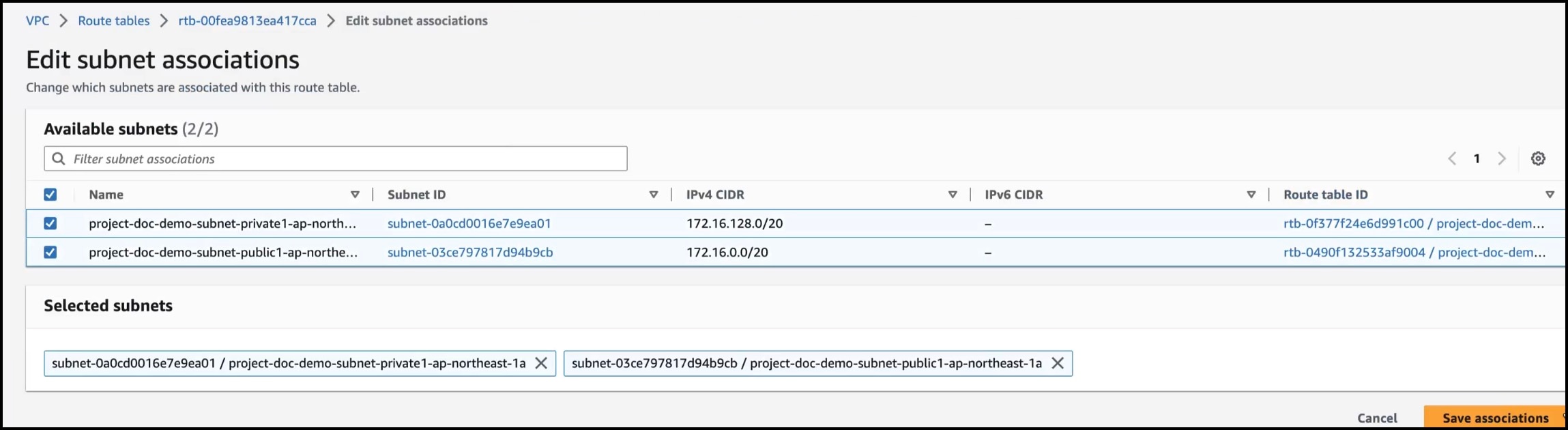 Edit subnet associations