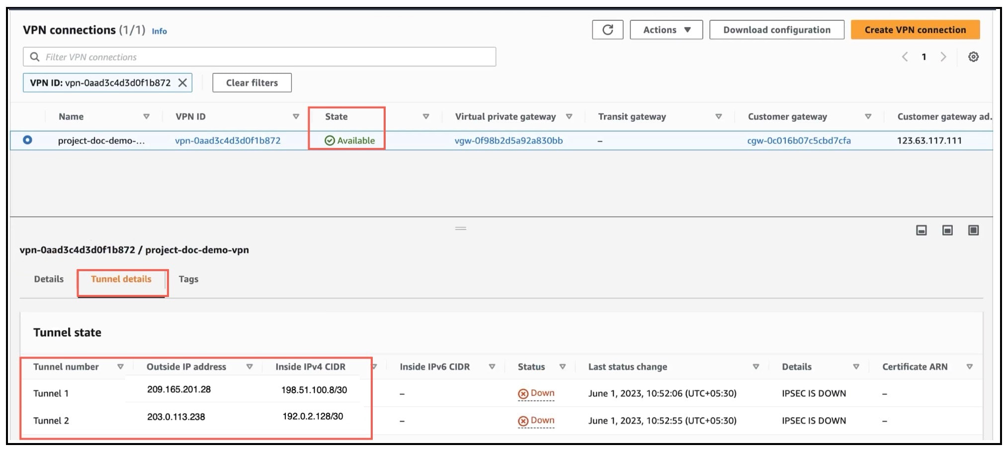 AWS VPN Tunnel Details