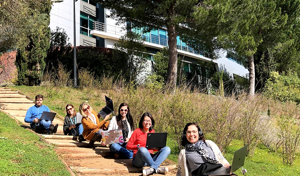 Six people sit one in front of the other on a hill, each with a laptop.