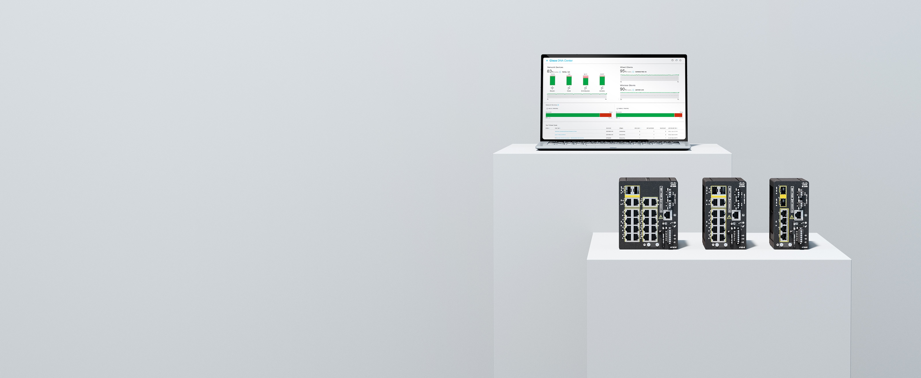 Cisco Catalyst IE3100 Rugged Series Switches and Cisco management interface displayed on a laptop screen