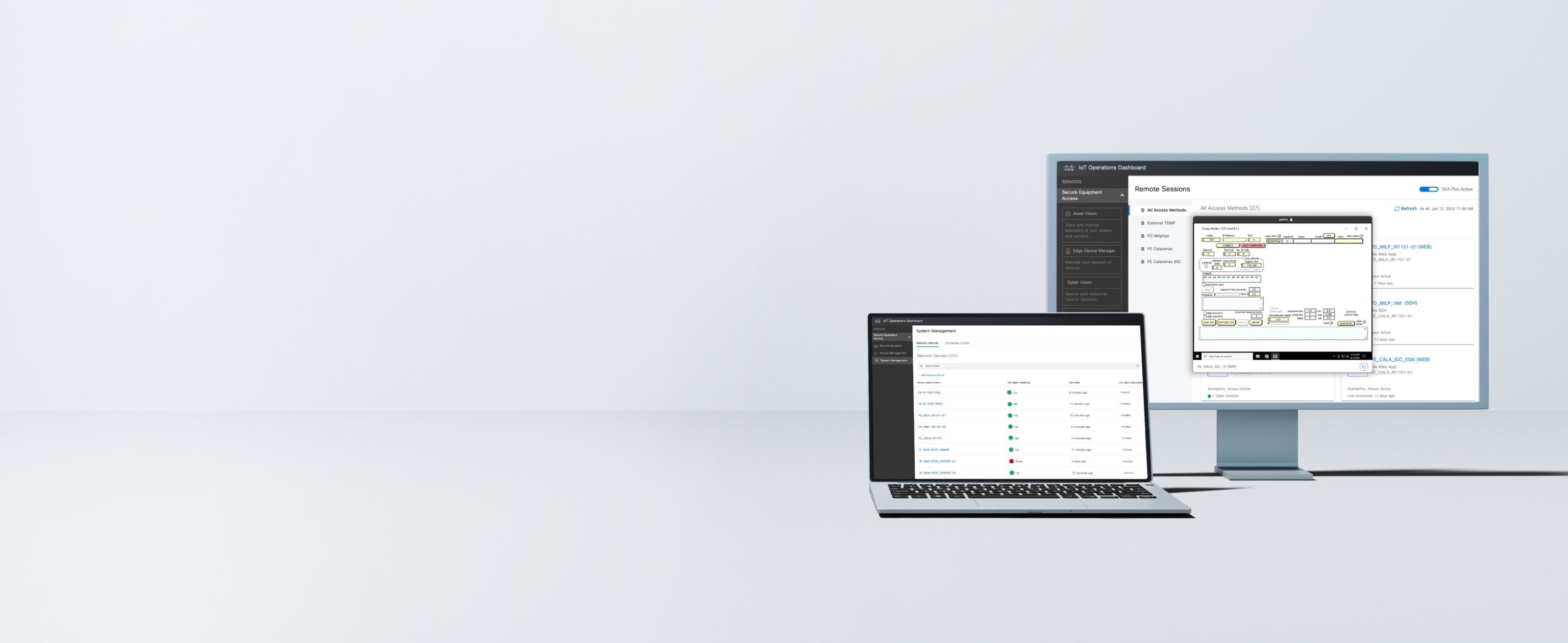 屏幕上显示 Cisco Secure Equipment Access 界面的台式机和笔记本电脑