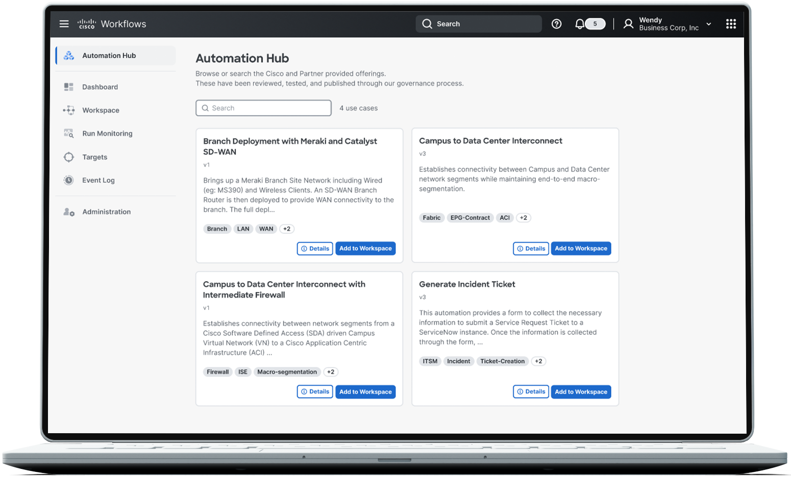 illustration  on desktop screen Cisco Workflows features a marketplace 